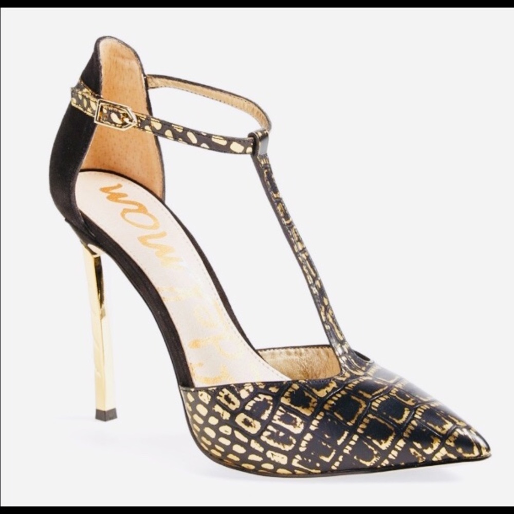 Sam Edelman black & gold T stap heels
